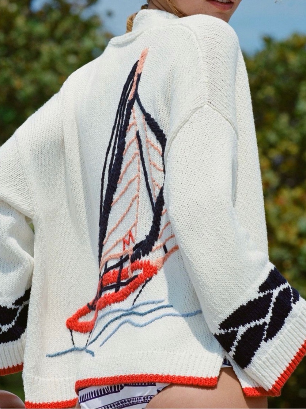 Maeve  Maggie White Knit Sweater with Sailboat Embroidery - Women's